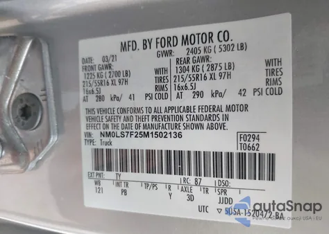 2021 Ford Transit Connect Xlt Cargo Van из США, поврежденный, VIN NM0LS7F25M1502136